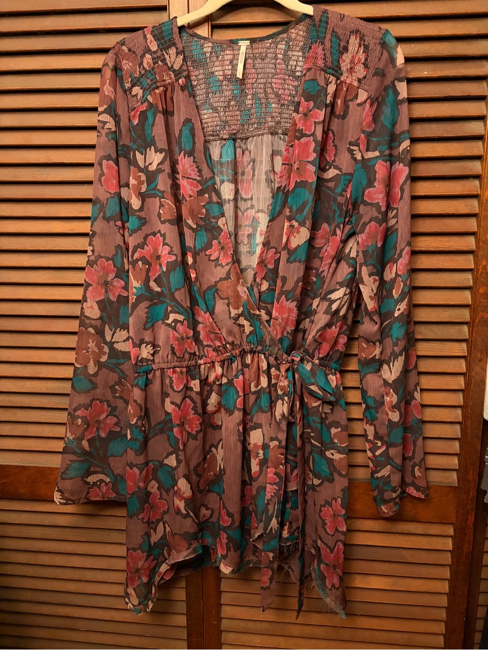 Floral Wrap Tunic Top in mauve with Teal & Pink Flowers